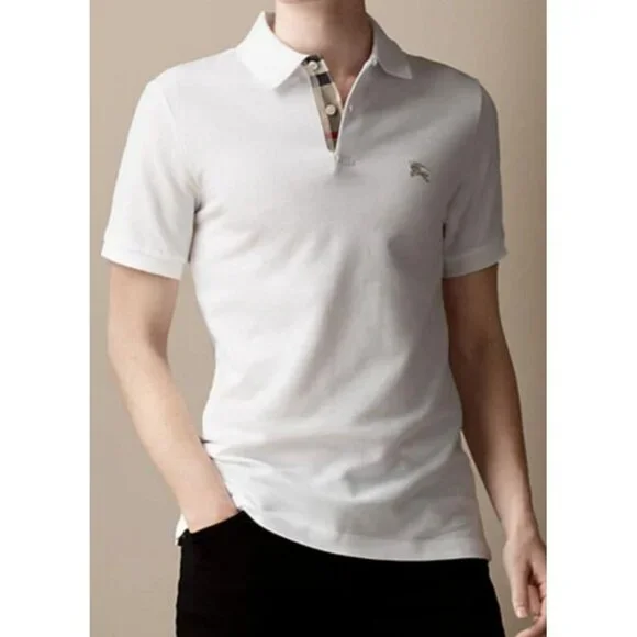 Burberry Brit White Embroidered Logo Plaid Details Placket Polo Shirt Men's M - Picture 1 of 16